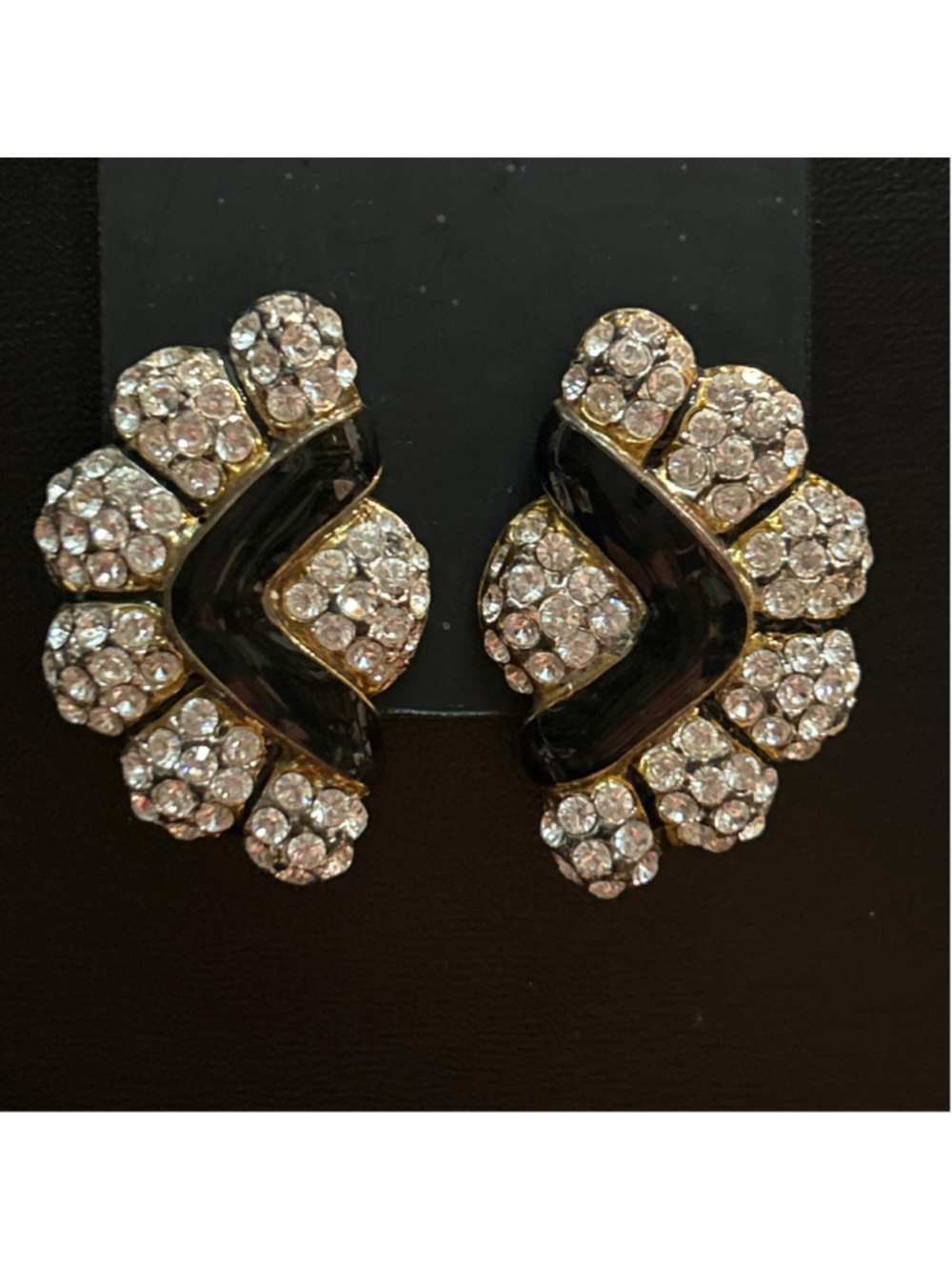 Art Deco Fan Earrings: Black Enamel & Crystal Clip-Ons, 1980s